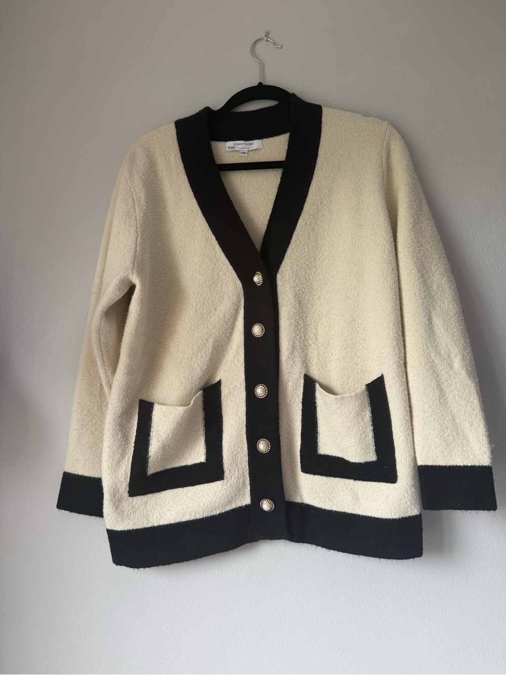 Ronny Kobo Contrast Trim Cream Cardigan Sweater SZ XS